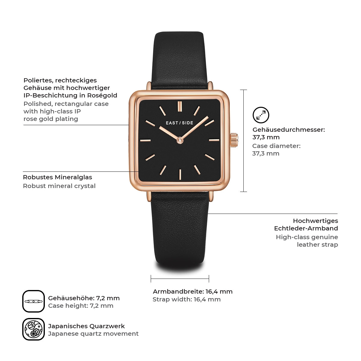 Damen Quarzuhr roségold Echtleder schwarz