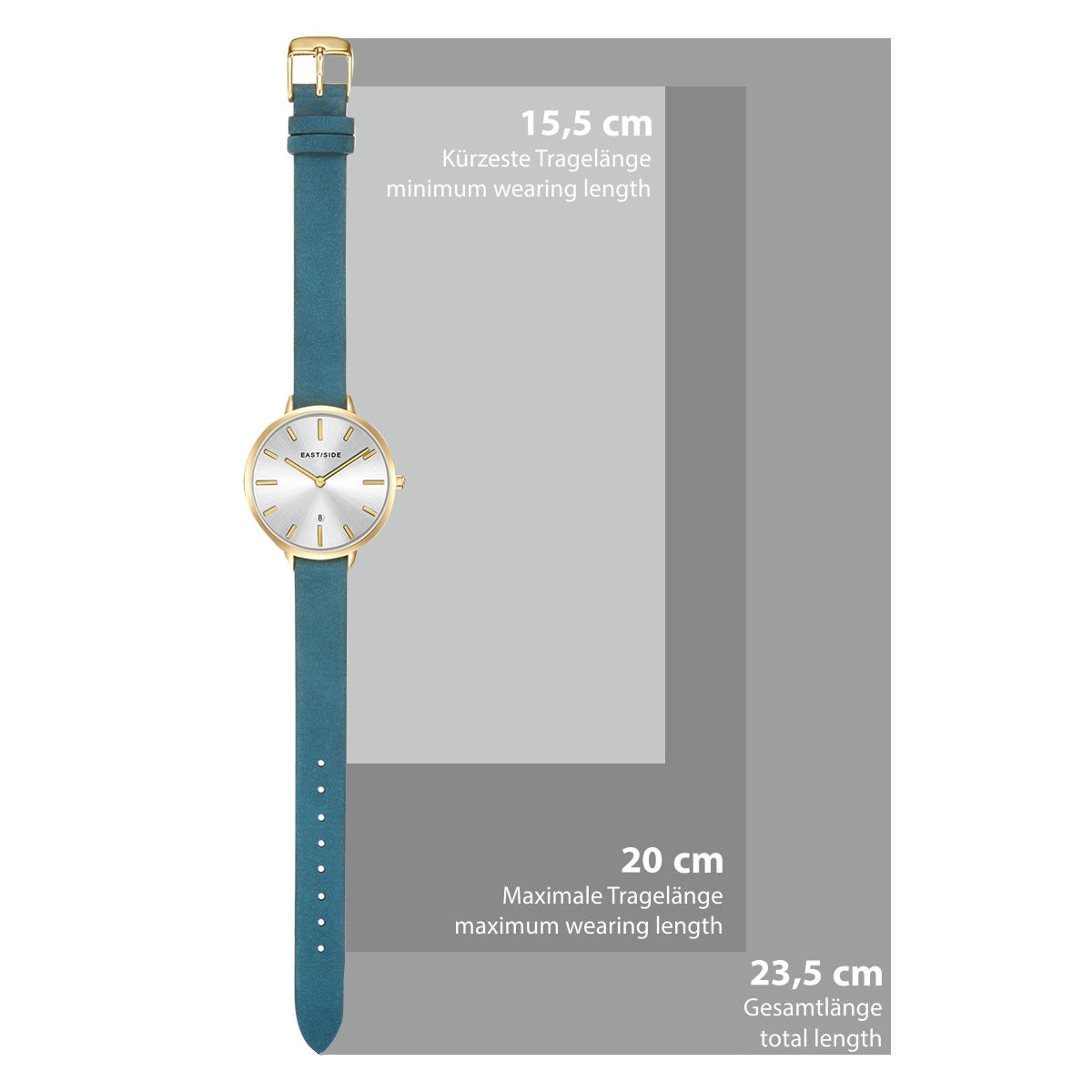 Damen Quarzuhr gelbgold Echtleder petrol