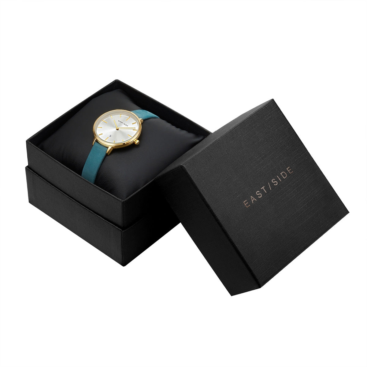 Damen Quarzuhr gelbgold Echtleder petrol