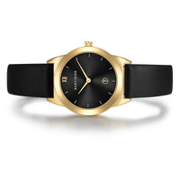 Damen Quarzuhr gelbgold Echtleder schwarz