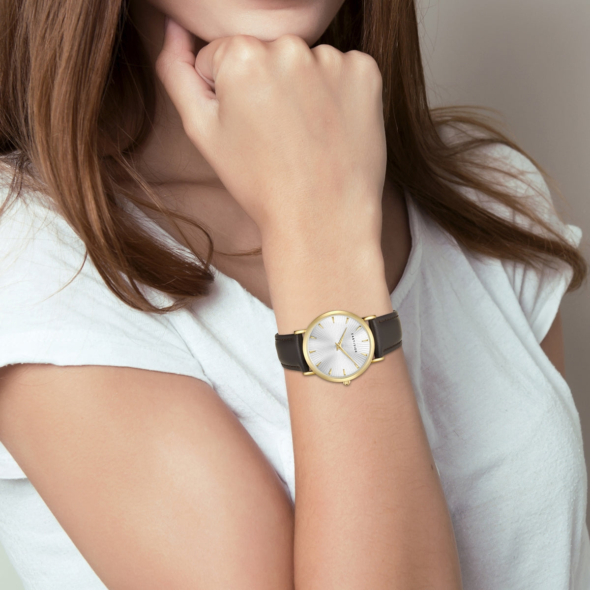 Damen Quarzuhr gelbgold Echtleder dunkelbraun