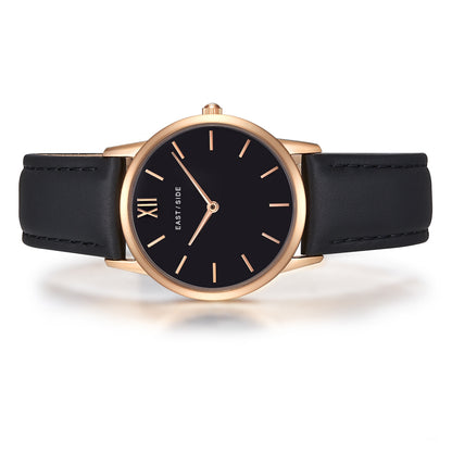 Damen Quarzuhr roségold Echtleder schwarz