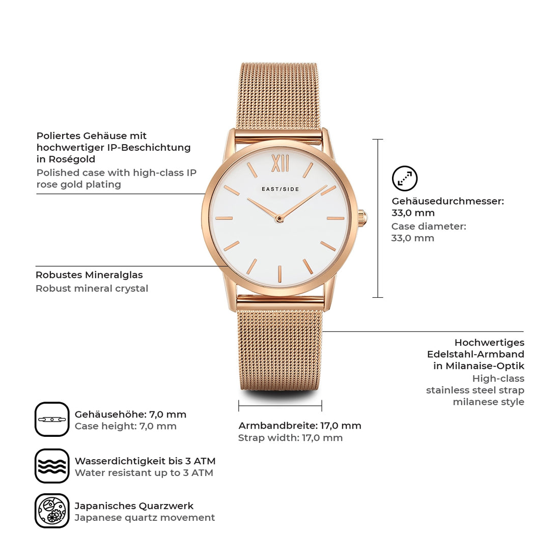 Damen Quarzuhr roségold Edelstahl roségold