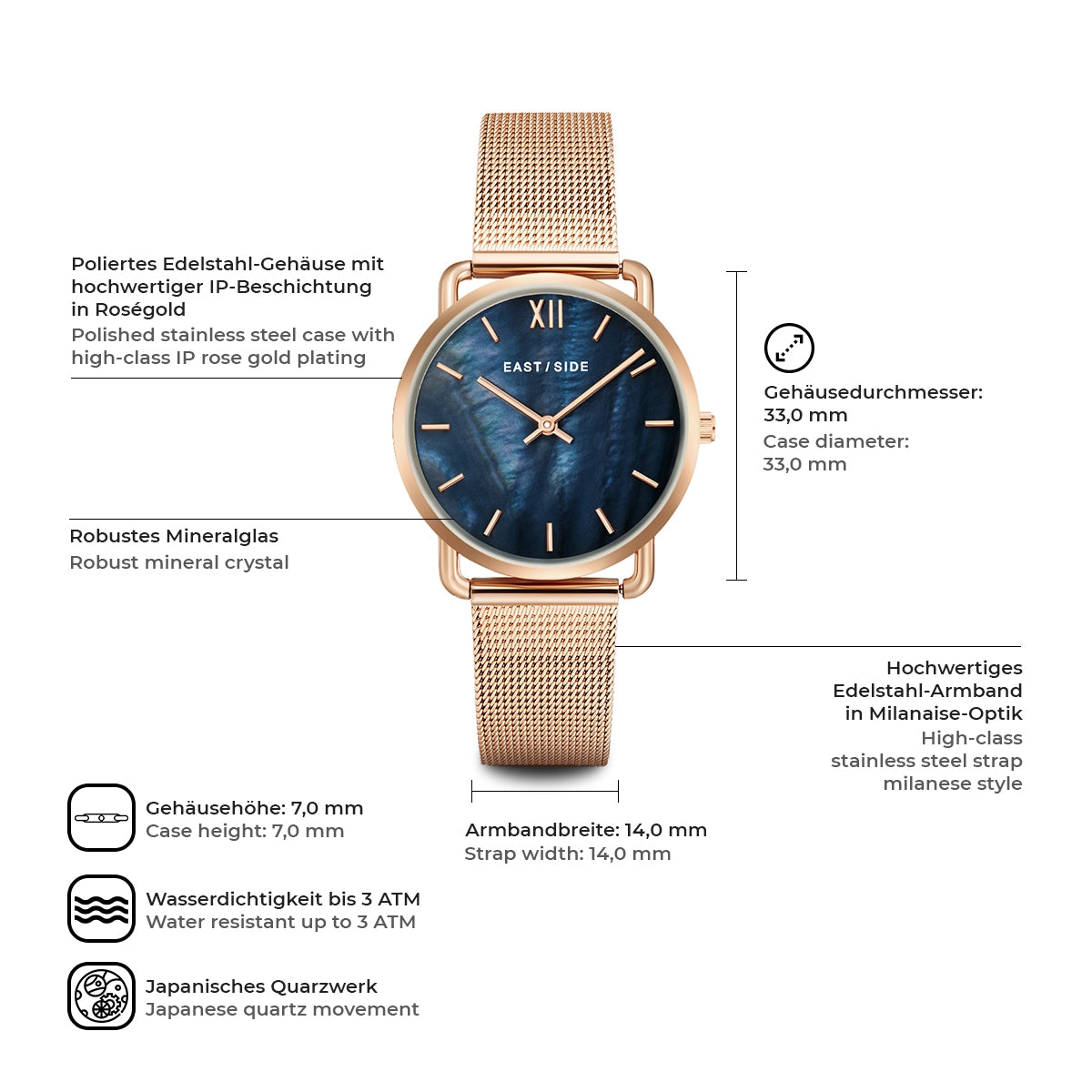 Damen Quarzuhr roségold Edelstahl roségold