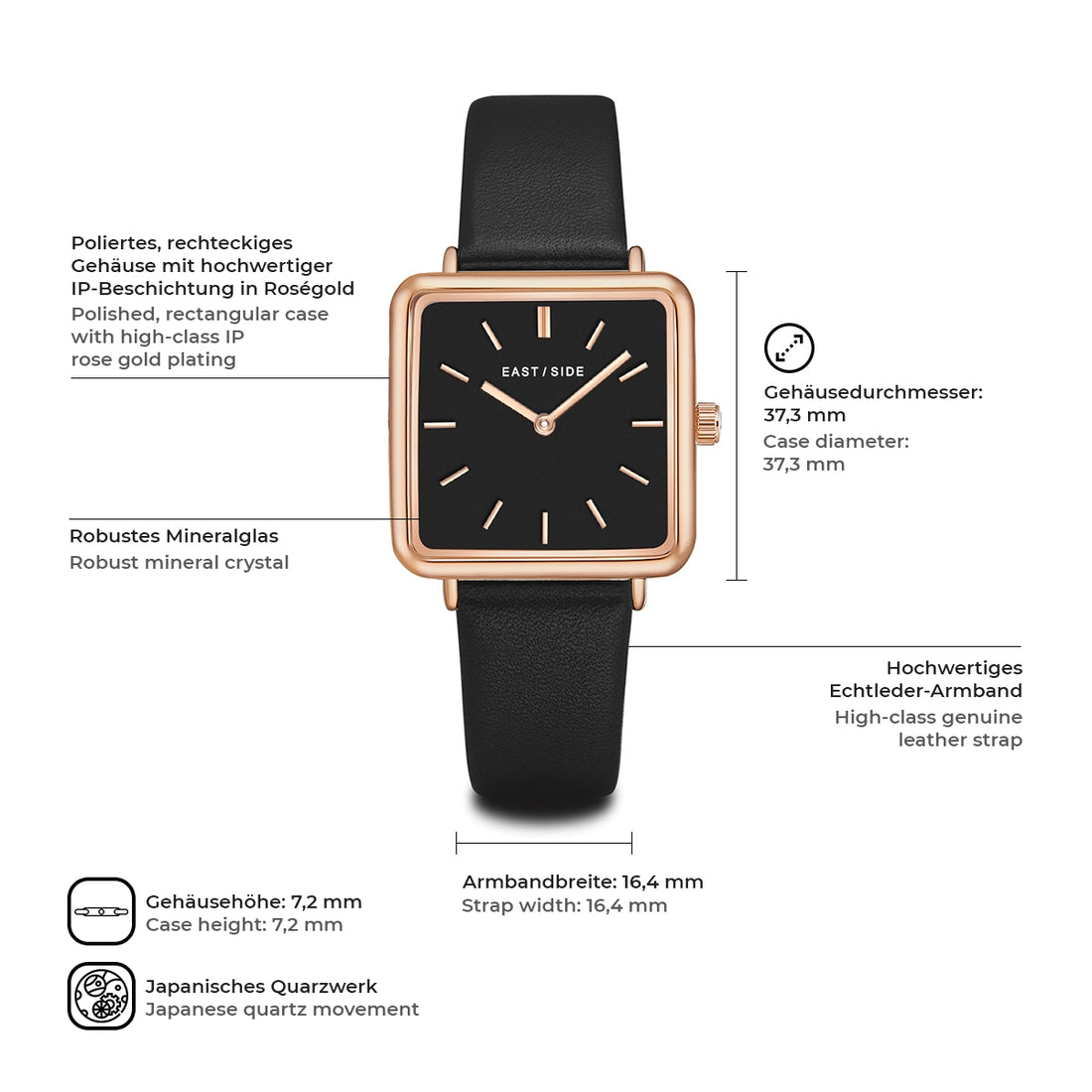 Damen Quarzuhr roségold Echtleder schwarz
