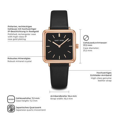 Damen Quarzuhr roségold Echtleder schwarz