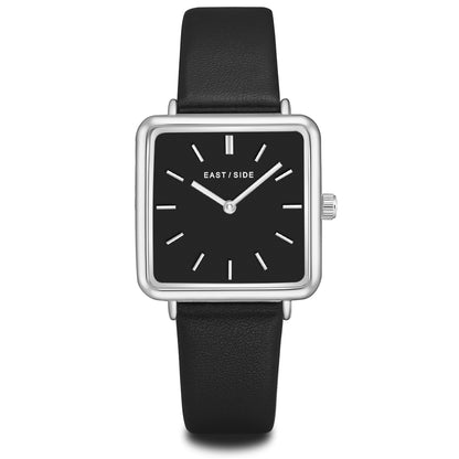 Damen Quarzuhr silber Echtleder schwarz