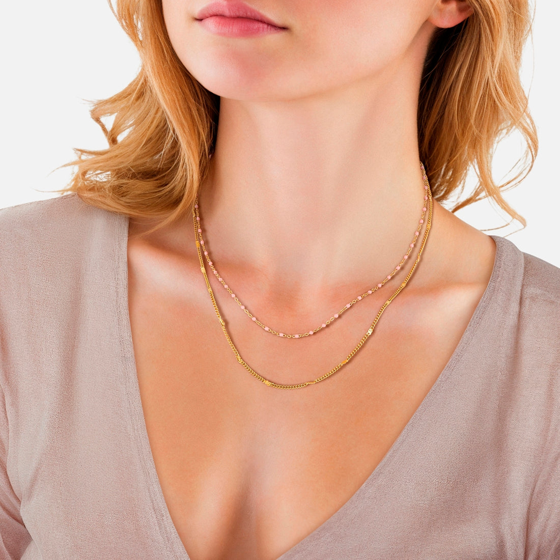 Kette Edelstahl gelbgold Emaille pink