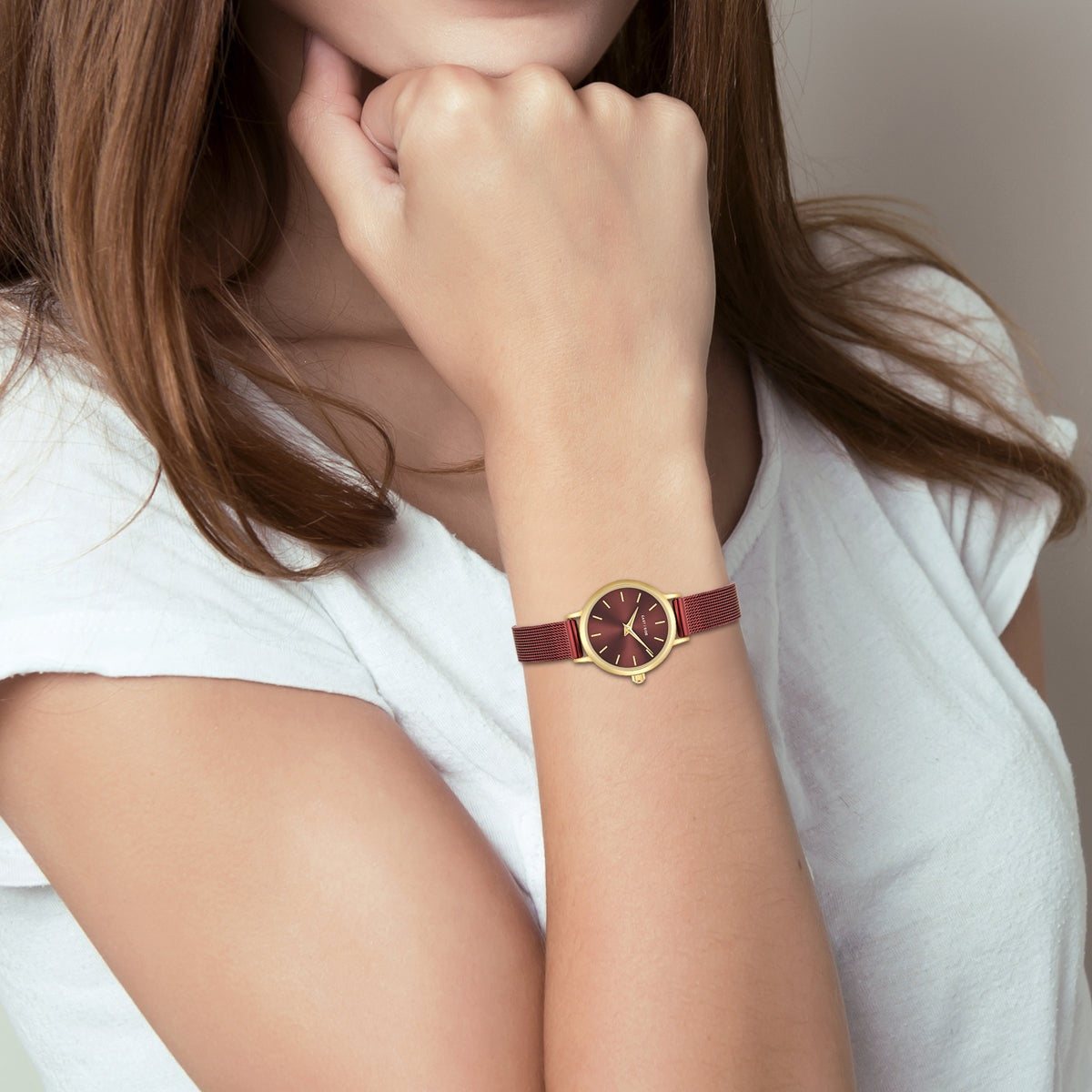 Damen Quarzuhr gelbgold Edelstahl bordeaux