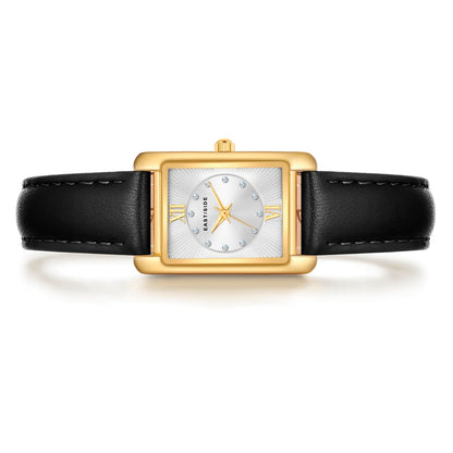 Damen Quarzuhr gelbgold Echtleder schwarz