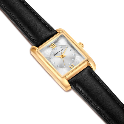Damen Quarzuhr gelbgold Echtleder schwarz