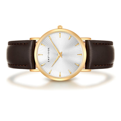 Damen Quarzuhr gelbgold Echtleder dunkelbraun