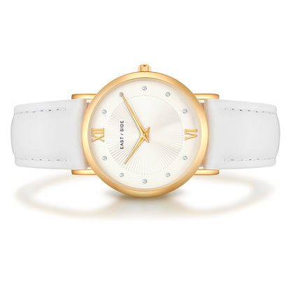 Damen Quarzuhr gelbgold Echtleder weiß