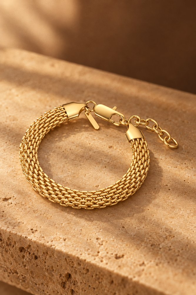 Gliederarmband aus Edelstahl in Gelbgold auf Travertin